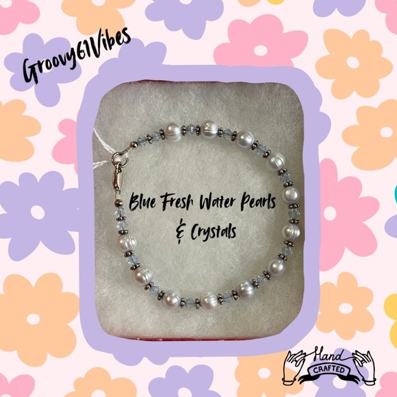Fresh Water Blue Pearls - Handcrafted Austrian Crystal Beads Bracelet Jewelry - Picture 1 of 6